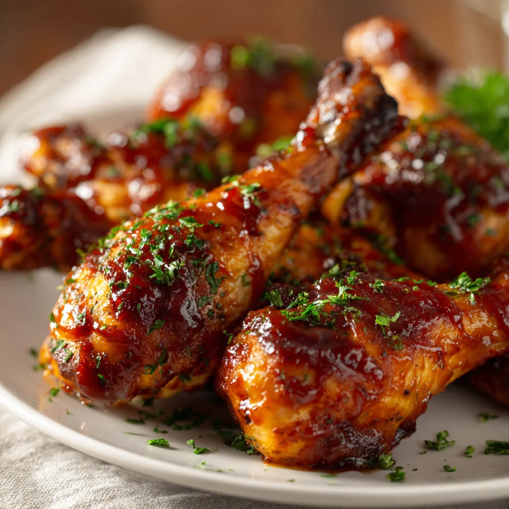 BBQ_air_fryer_chicken Close-up of BBQ air fryer chicken drumsticks glazed with smoky barbecue sauce, crispy golden skin, sprinkled with fresh parsley, served on a white plate, warm natural lighting.