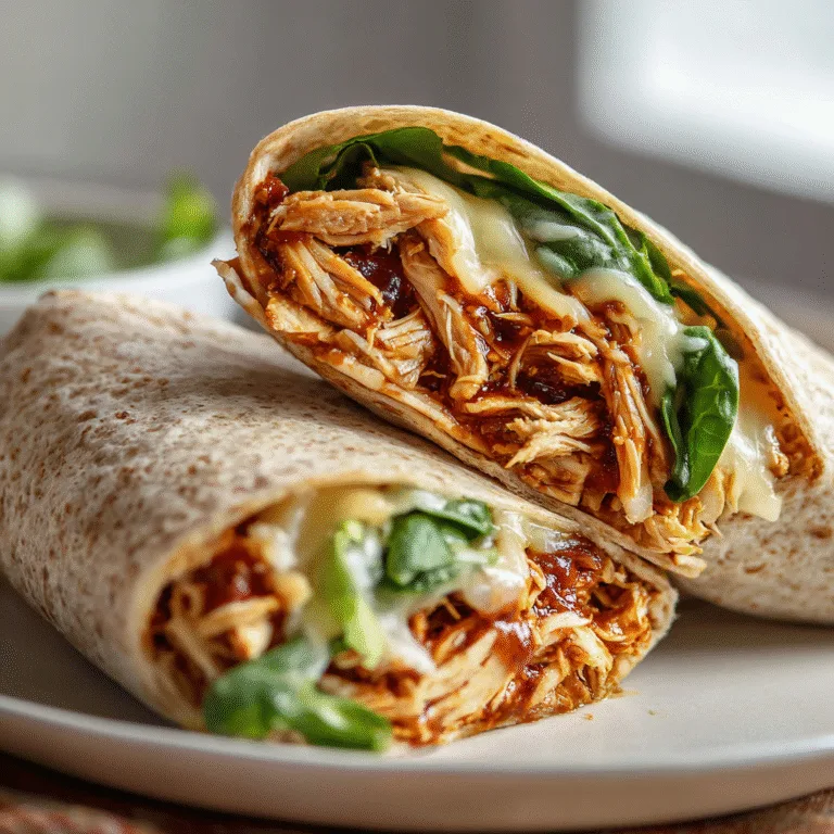 BBQ chicken wraps with juicy grilled chicken, melted cheese, lettuce, and BBQ sauce on a white plate.