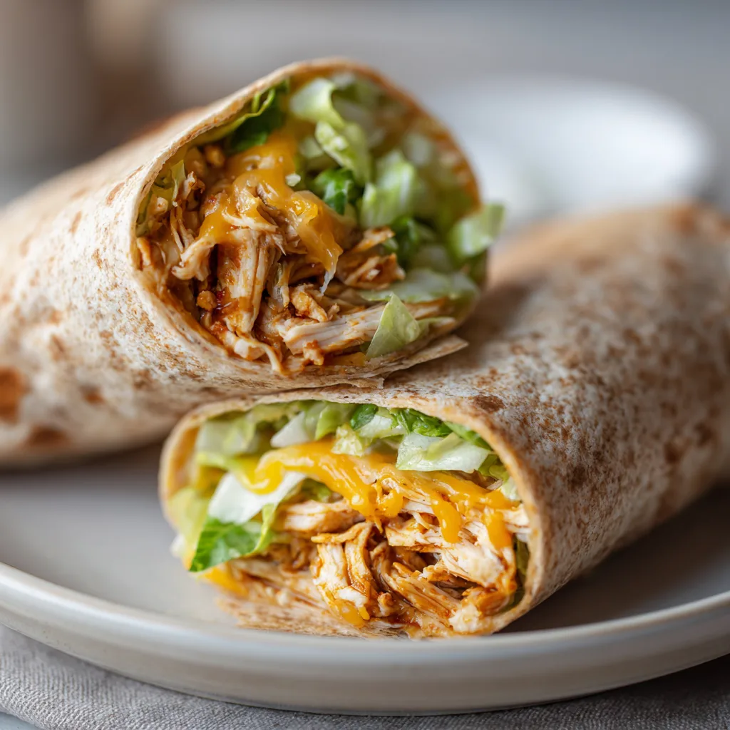 high protein bbq chicken wraps: BBQ chicken wraps with juicy grilled chicken, melted cheese, lettuce, and BBQ sauce on a white plate
