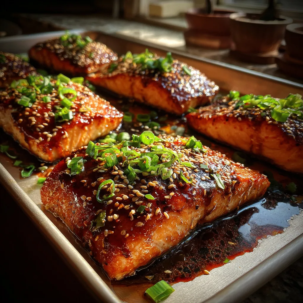 Baked Teriyaki Salmon Baked teriyaki salmon fillets glazed with soy-honey sauce, garnished with sesame and green onions.