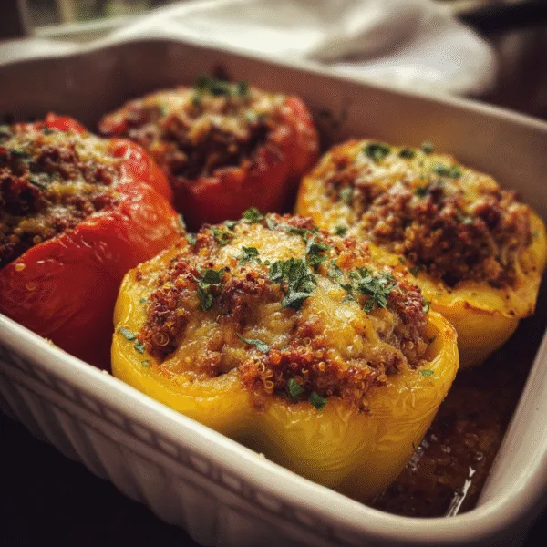 Beef & Quinoa Stuffed Peppers : Colorful stuffed bell peppers filled with beef and quinoa in a white baking dish, cozy family dinner lighting.