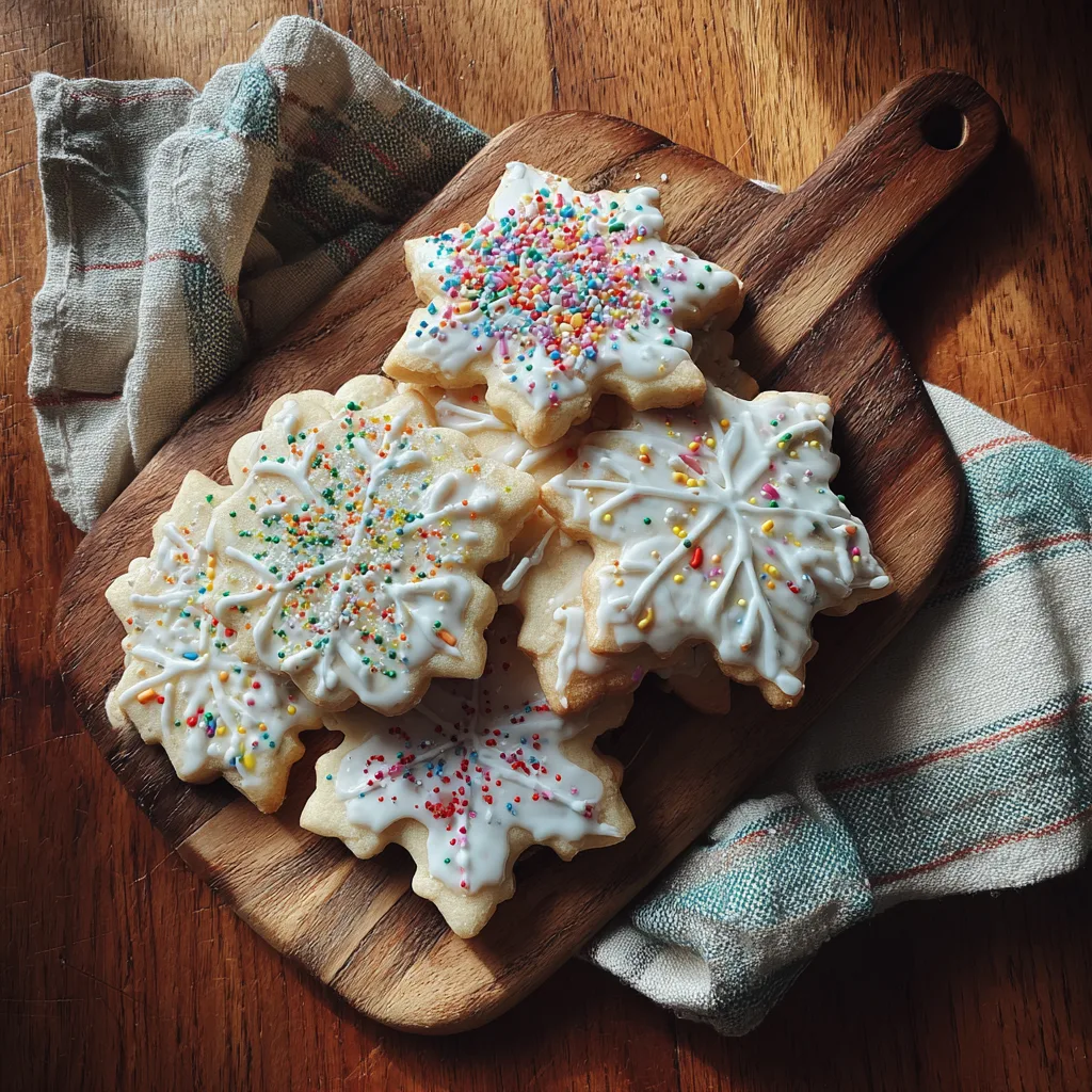 Classic Sugar Cookies Classic Christmas sugar cookies decorated with icing and sprinkles on a wooden board.