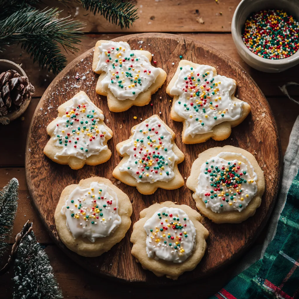 Classic Christmas sugar cookies decorated with icing and sprinkles on a wooden board.