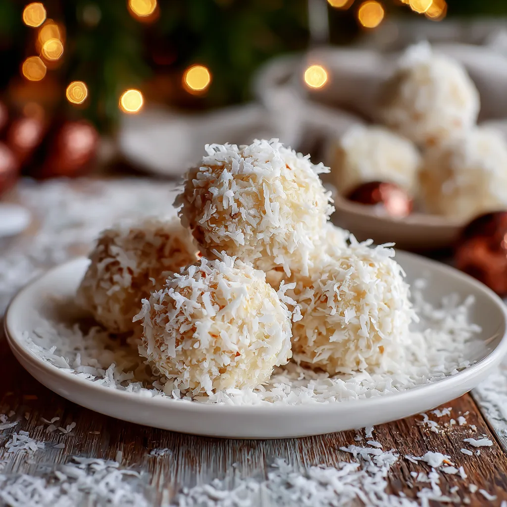 Coconut snowball truffles coated in shredded coconut, on a white plate, with soft festive lighting.