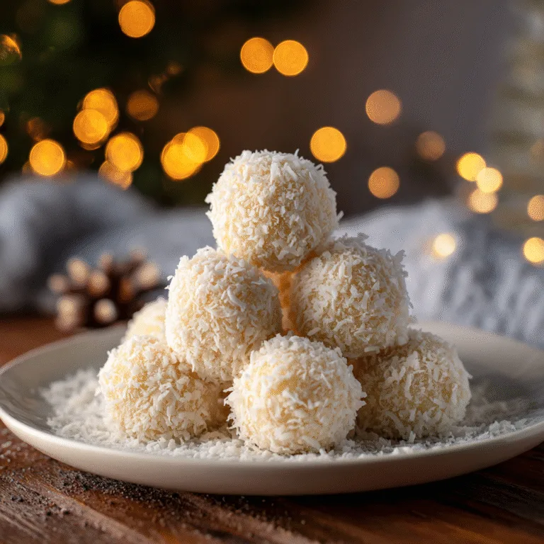 Coconut snowball truffles coated in shredded coconut, on a white plate, with soft festive lighting.