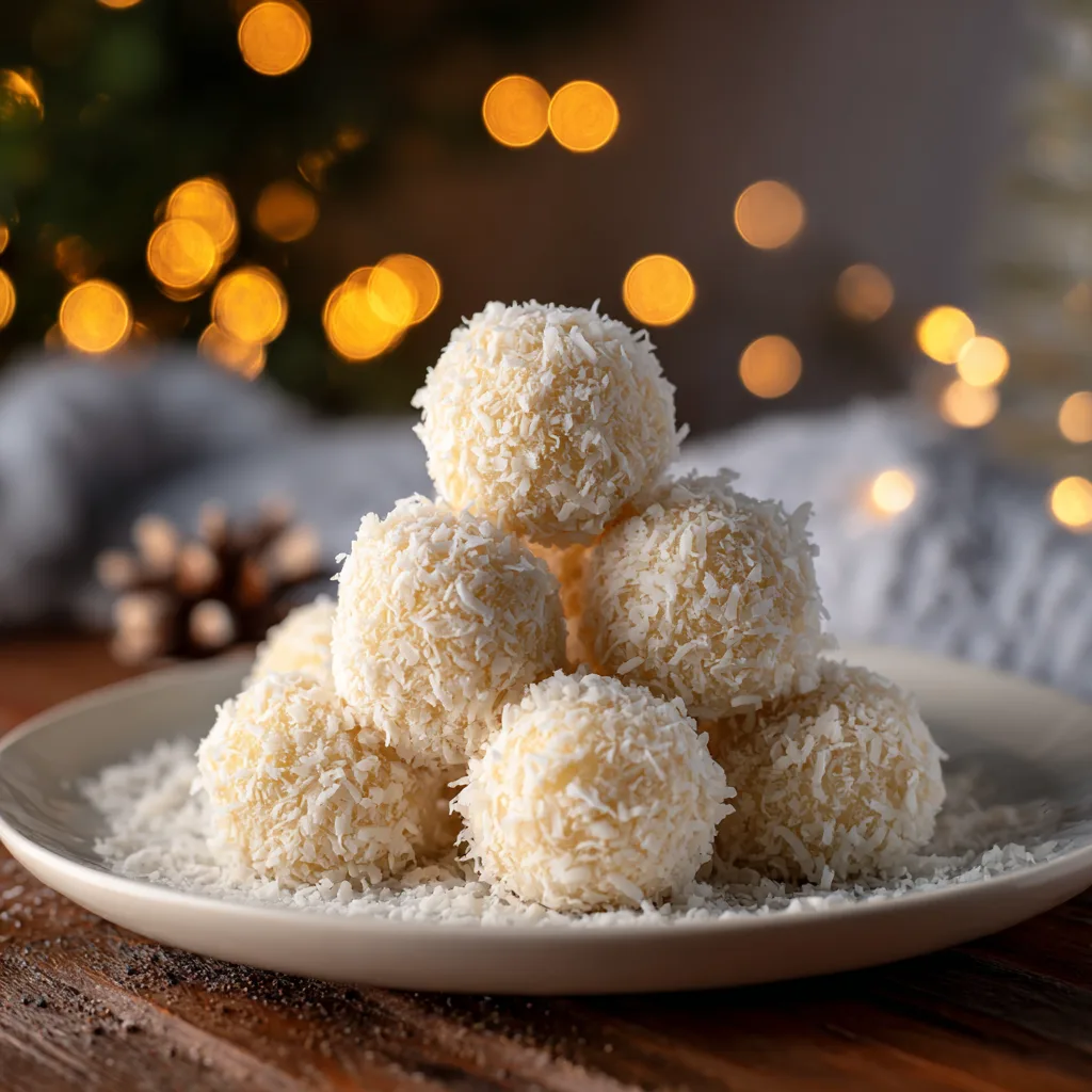 Coconut Snowball Truffles – Vegan & Naturally Sweet Holiday Treat Coconut snowball truffles coated in shredded coconut, on a white plate, with soft festive lighting.