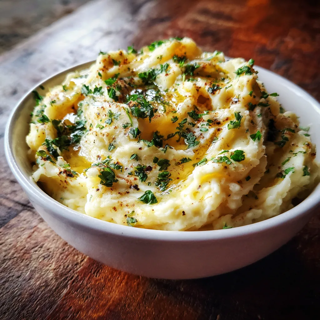 Creamy_mashed_potatoes Creamy mashed potatoes topped with melted garlic butter and parsley in a white ceramic bowl, warm cozy lighting.