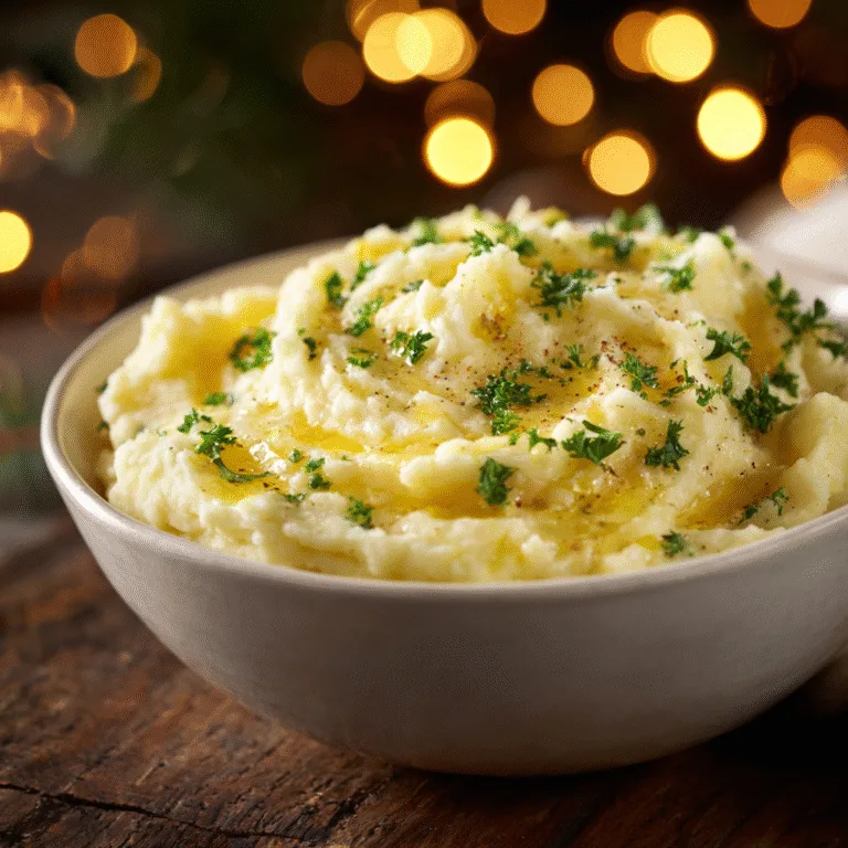 Creamy mashed potatoes topped with melted garlic butter and parsley in a white ceramic bowl, warm cozy lighting.