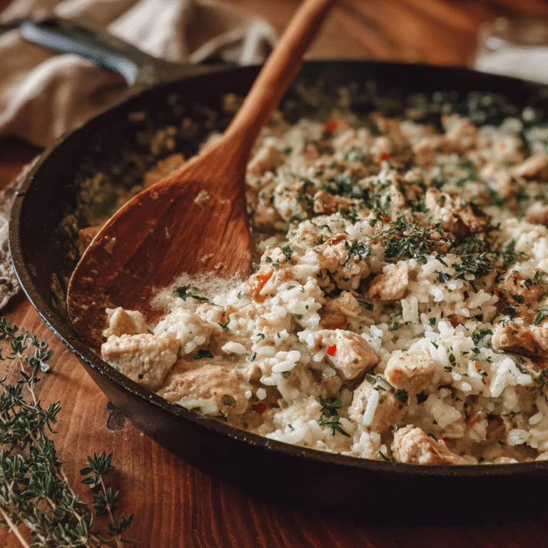 One-pot creamy turkey and rice topped with herbs in a skillet, warm cozy lighting.