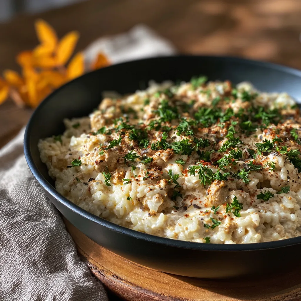 One-pot creamy turkey and rice topped with herbs in a skillet, warm cozy lighting.