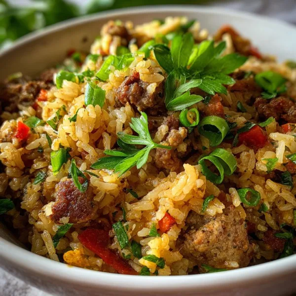 Easy One Pot Dirty Rice – Family Favorite, Close-up of dirty rice with ground beef, peppers, and herbs served in a white bowl, garnished with parsley and green onions.