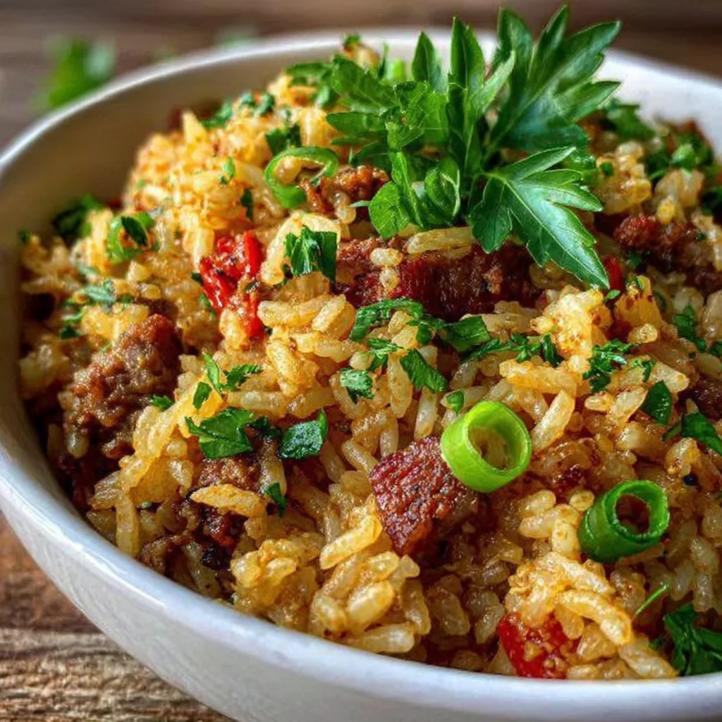 Easy One Pot Dirty Rice , Close-up of dirty rice with ground beef, peppers, and herbs served in a white bowl, garnished with parsley and green onions.