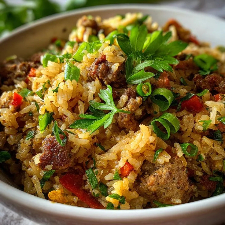 Easy One Pot Dirty Rice – Family Favorite, Close-up of dirty rice with ground beef, peppers, and herbs served in a white bowl, garnished with parsley and green onions.