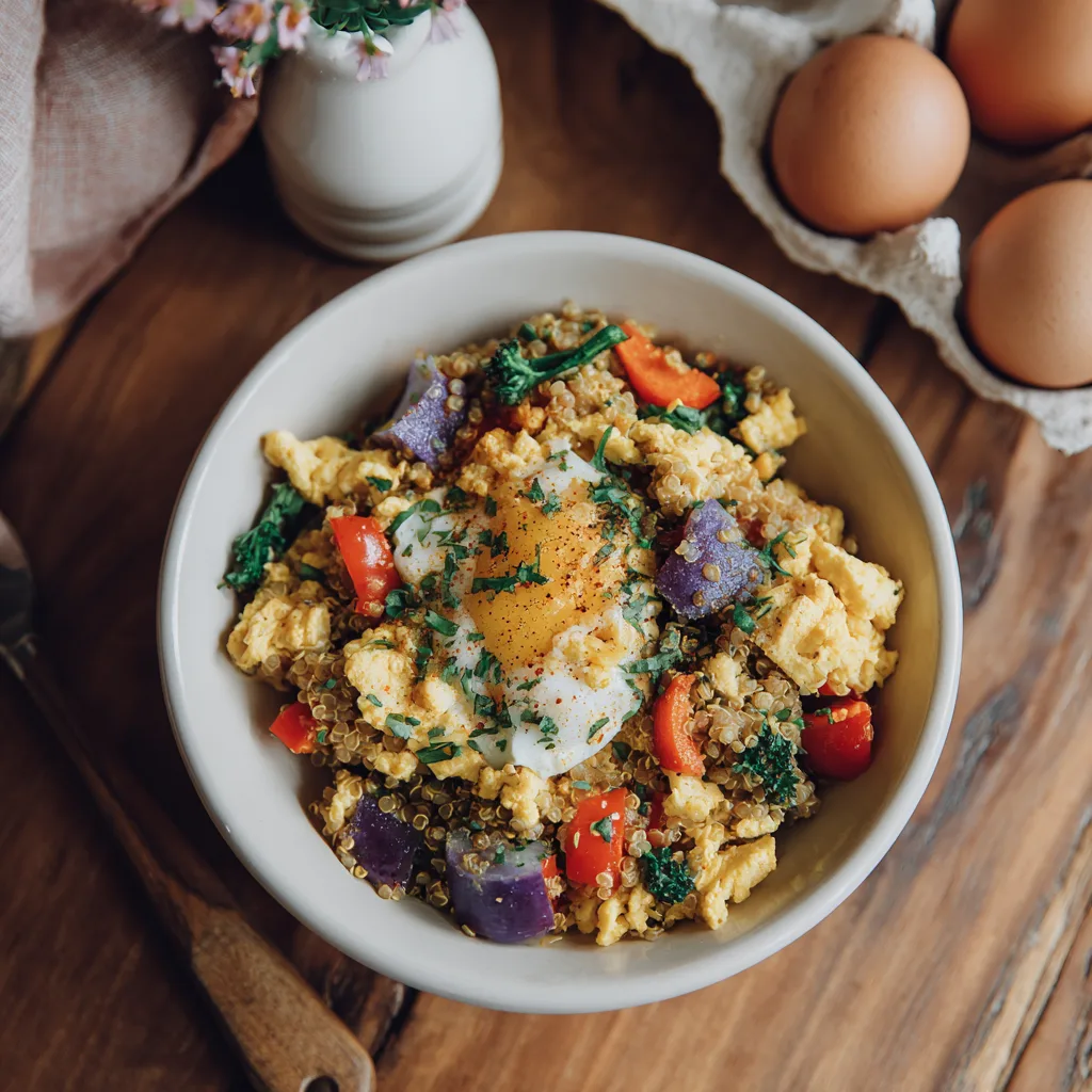 Egg and Quinoa Breakfast Bowls ff High-protein egg and quinoa breakfast bowl with colorful veggies and spinach, bright daylight.