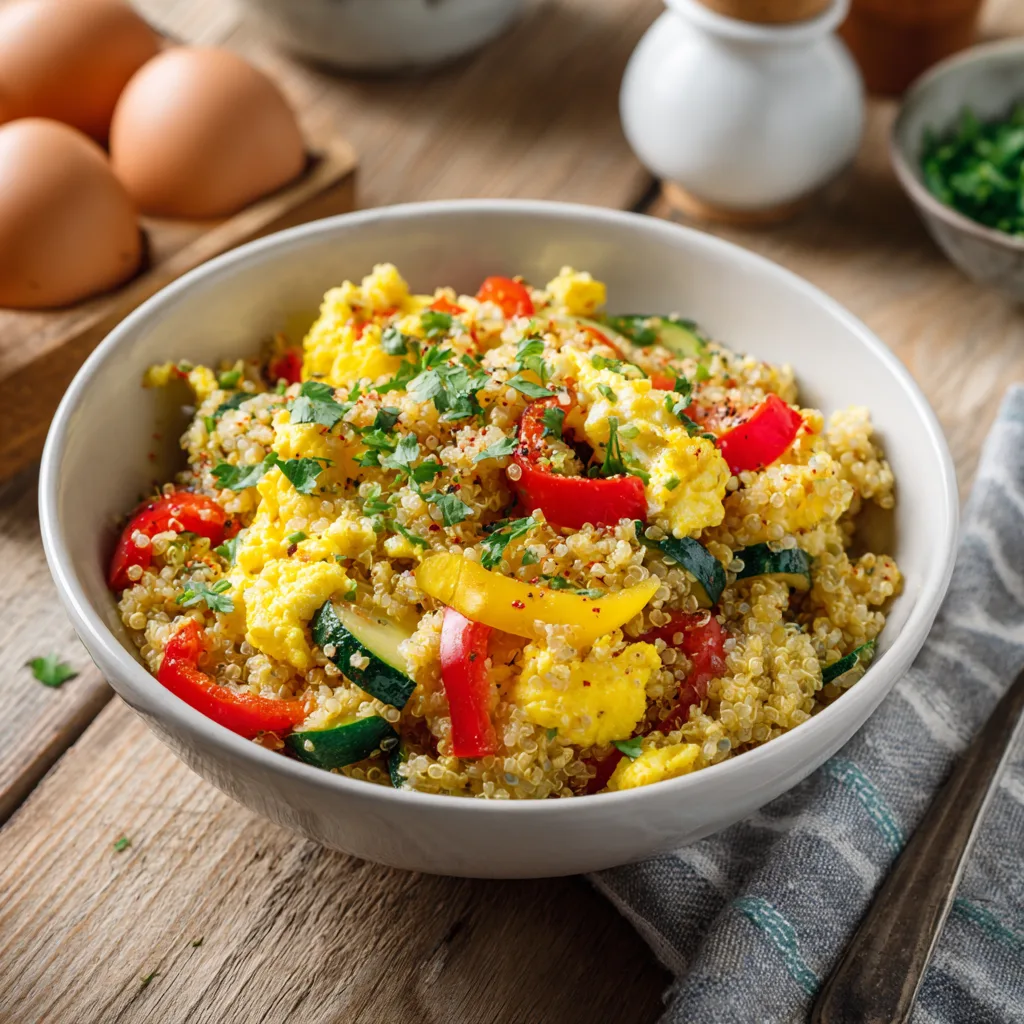 High-protein egg and quinoa breakfast bowl with colorful veggies and spinach, bright daylight.