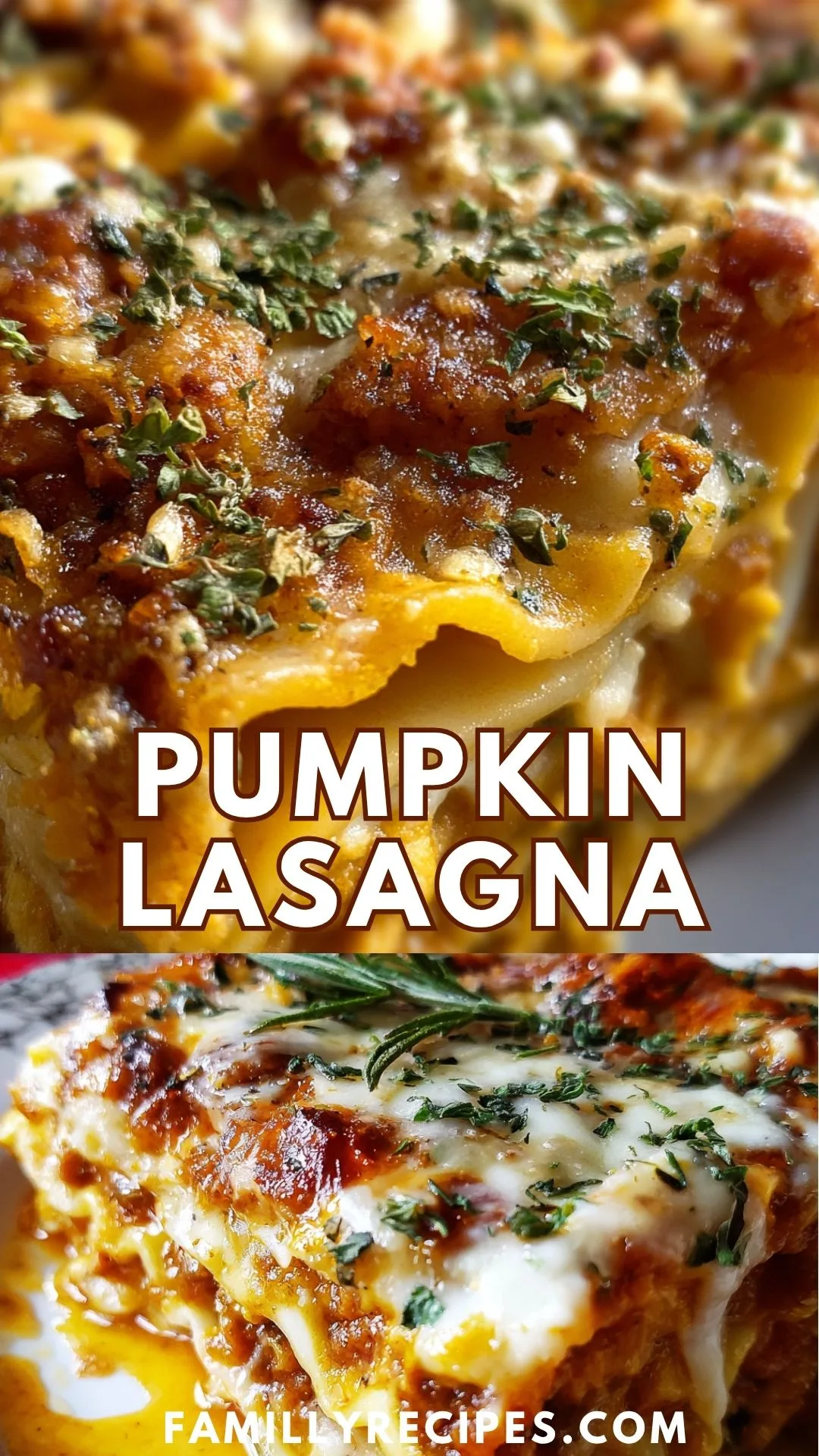 Familly Recipes LASGANA Pumpkin lasagna with creamy pumpkin filling, spinach, and cheese, served hot on a white plate under warm natural light.