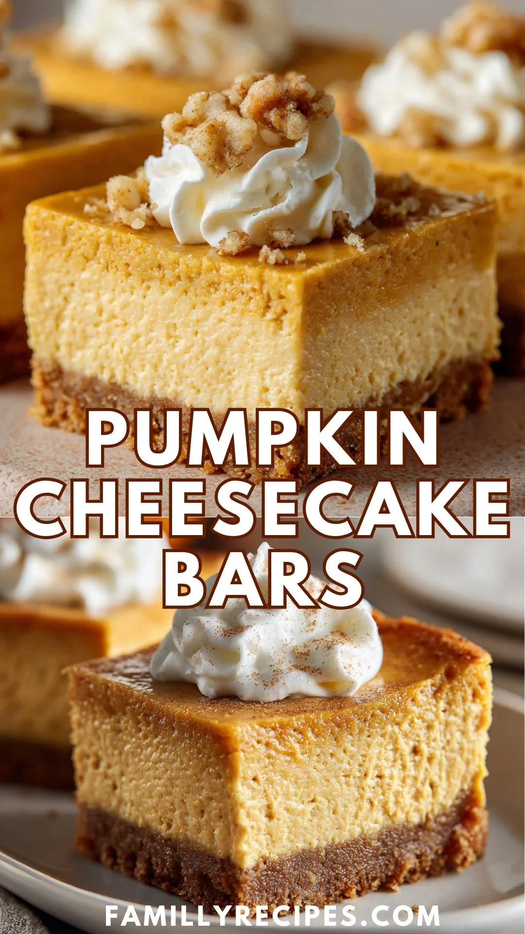 Familly Recipes Pumpkin Cheesecake Bars N Creamy pumpkin cheesecake bars with graham cracker crust and spiced pumpkin filling, cut into squares on parchment paper.
