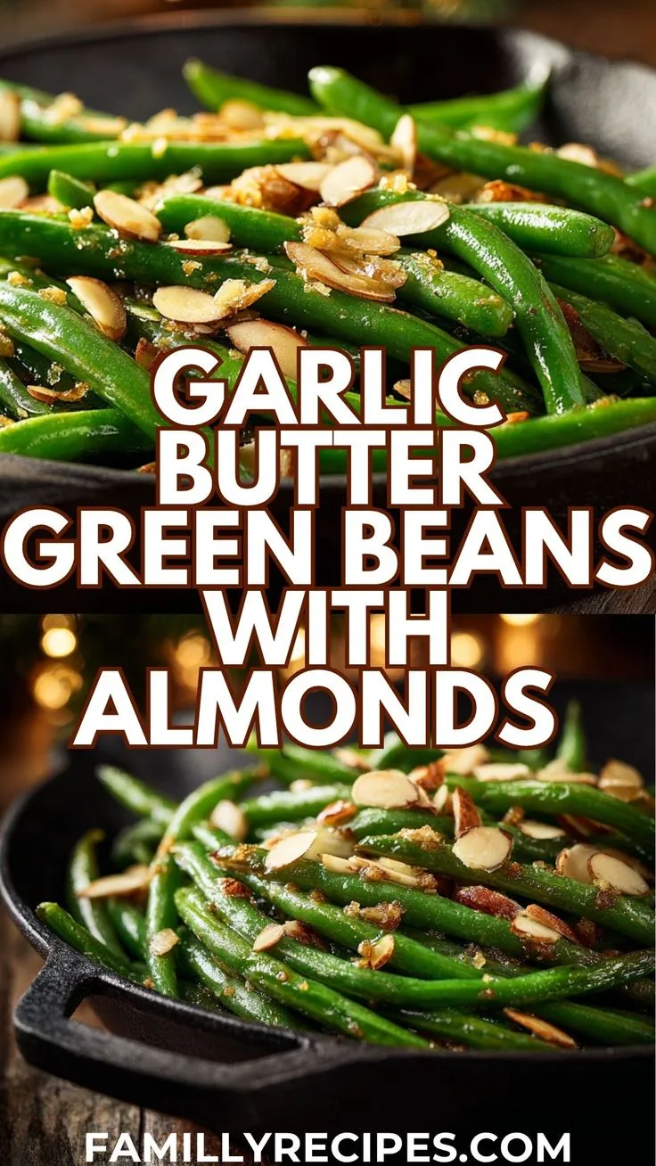 Garlic Butter Green Beans A serving bowl of Garlic Butter Green Beans with Almonds.