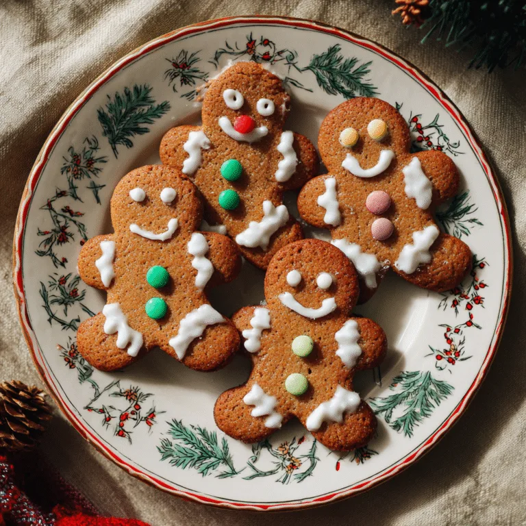 Gingerbread men cookies decorated with icing on a holiday plate.