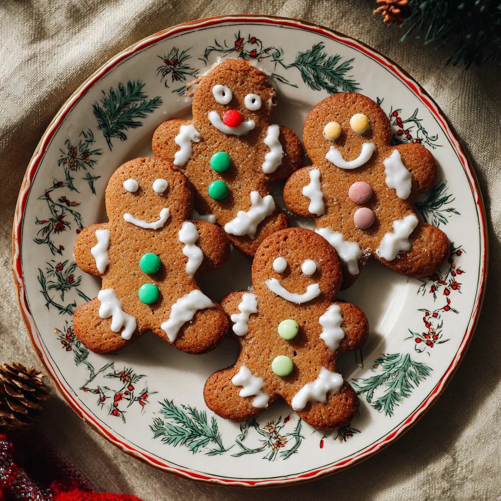 Gingerbread men cookies decorated with icing on a holiday plate.