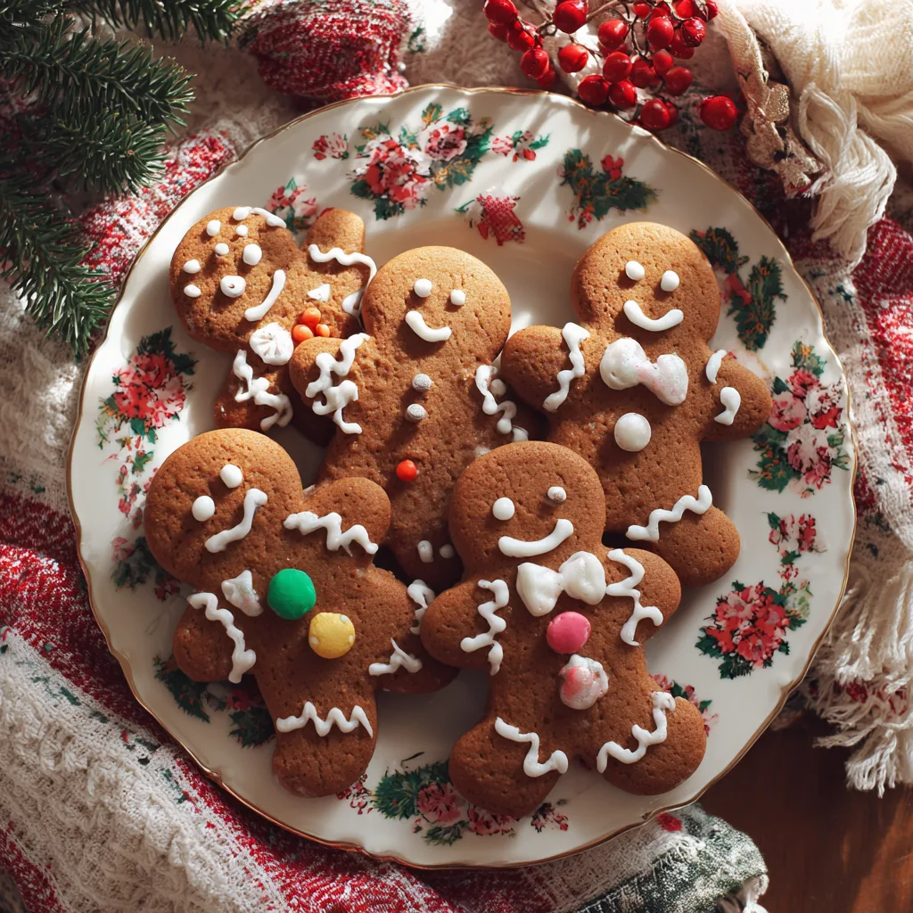 Gingerbread Men CookiesF Gingerbread men cookies decorated with icing on a holiday plate