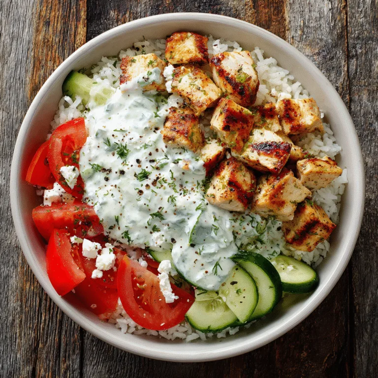 Greek chicken bowl with grilled chicken, rice, veggies, and tzatziki sauce in a white bowl, bright daylight.