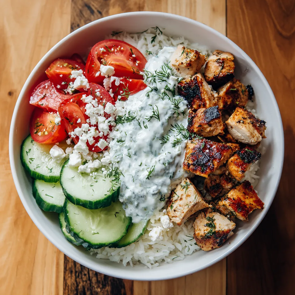 Greek Chicken Bowls with Tzatziki F1 Greek chicken bowl with grilled chicken, rice, veggies, and tzatziki sauce in a white bowl, bright daylight.