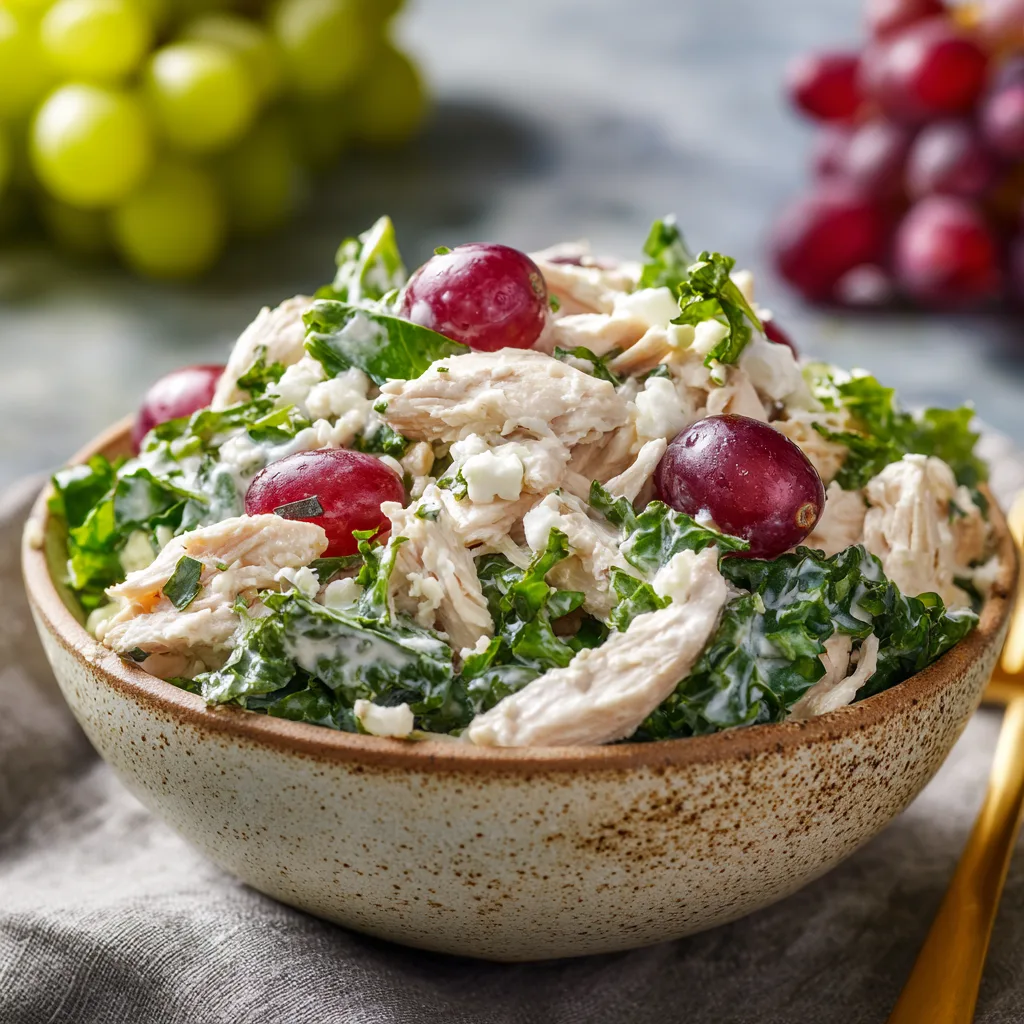 Greek yogurt chicken salad with celery and grapes in a white bowl, bright natural lighting.