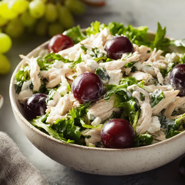 Greek yogurt chicken salad with celery and grapes in a white bowl, bright natural lighting.