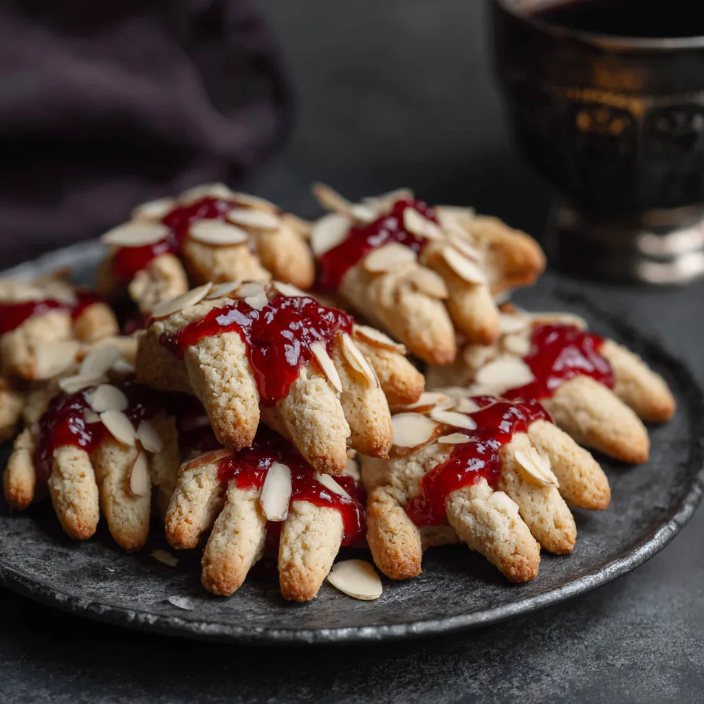 Halloween Witch Finger Cookies Halloween Witch Finger Cookies topped with almonds and strawberry jam, spooky and fun for kids and family parties.