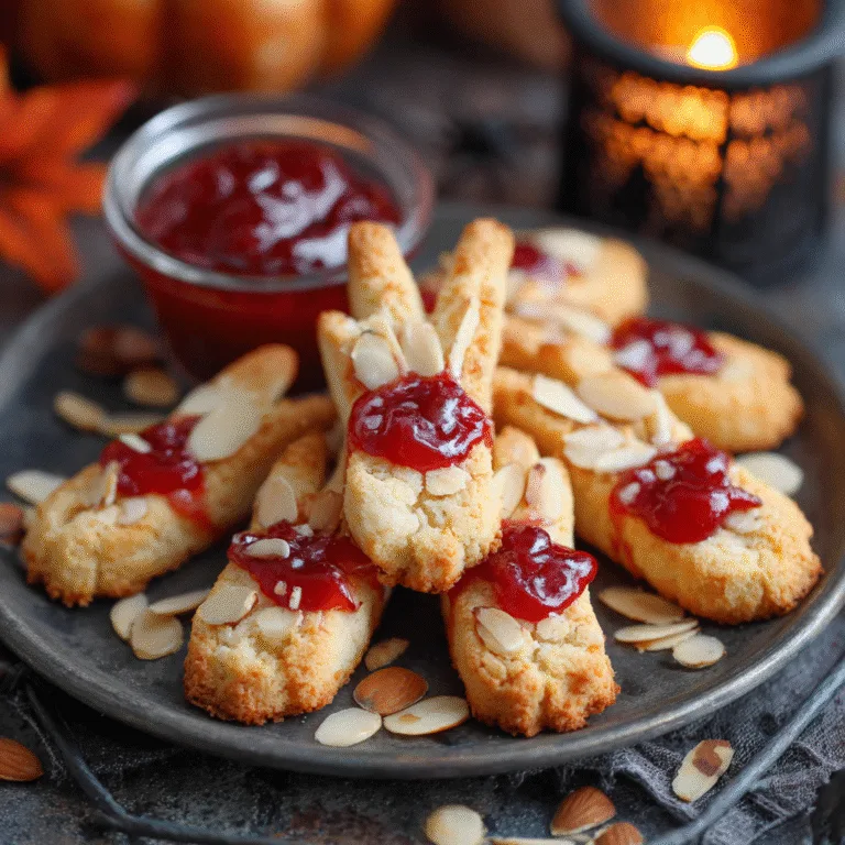 Halloween Witch Finger Cookies topped with almonds and strawberry jam, spooky and fun for kids and family parties.