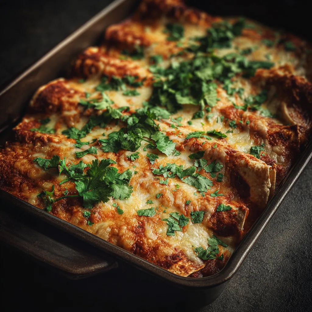 High-Protein Chicken Enchiladas Tray of baked chicken enchiladas with melted cheese and cilantro on top, cozy dinner lighting.