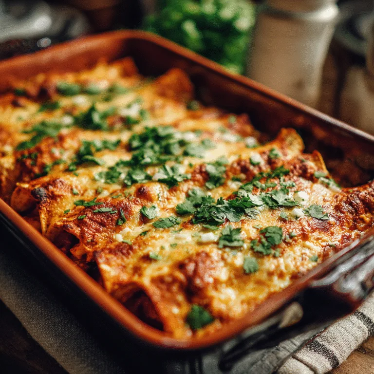 Tray of baked chicken enchiladas with melted cheese and cilantro on top, cozy dinner lighting.