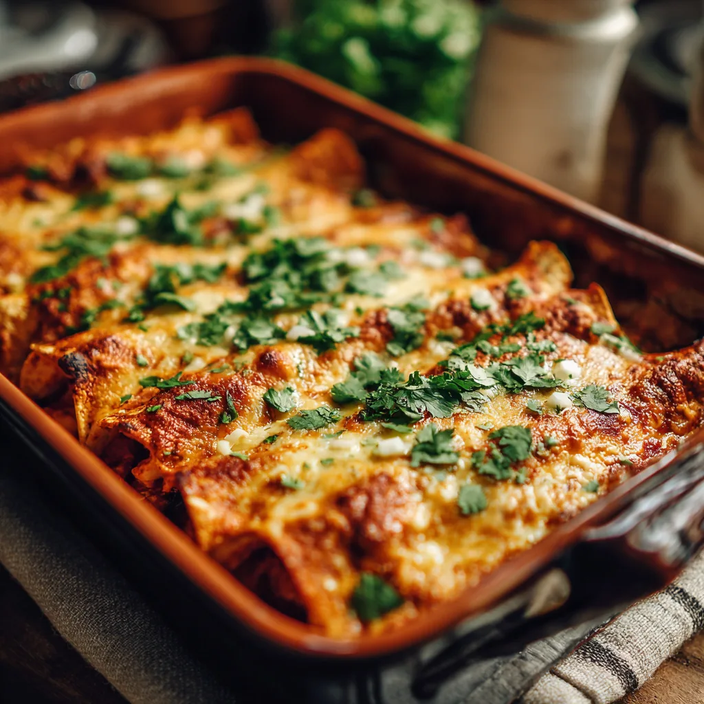 Tray of baked chicken enchiladas with melted cheese and cilantro on top, cozy dinner lighting.
