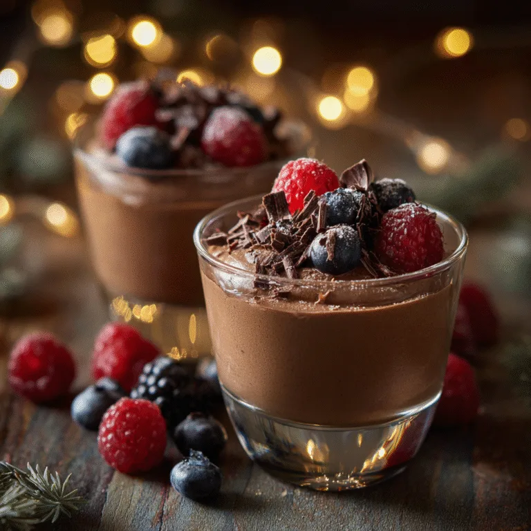 Creamy high-protein chocolate mousse served in glass cups with berries and chocolate shavings.