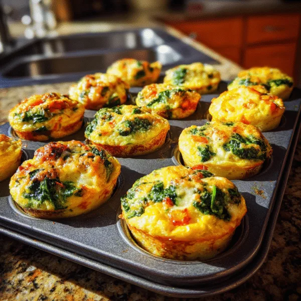 Tray of baked egg muffins with spinach and cheese on a wooden table, bright morning lighting.