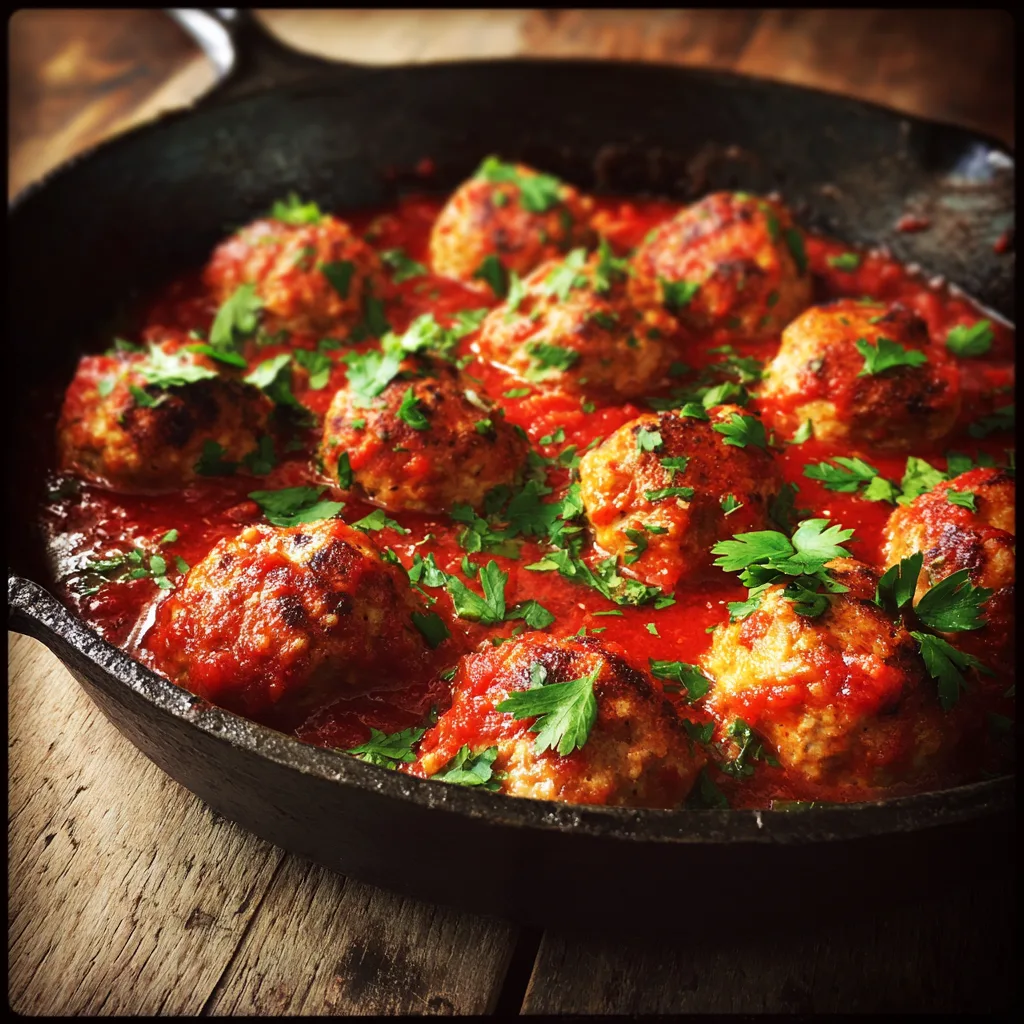 Skillet of high-protein turkey meatballs in tomato sauce with parsley garnish, cozy dinner lighting.