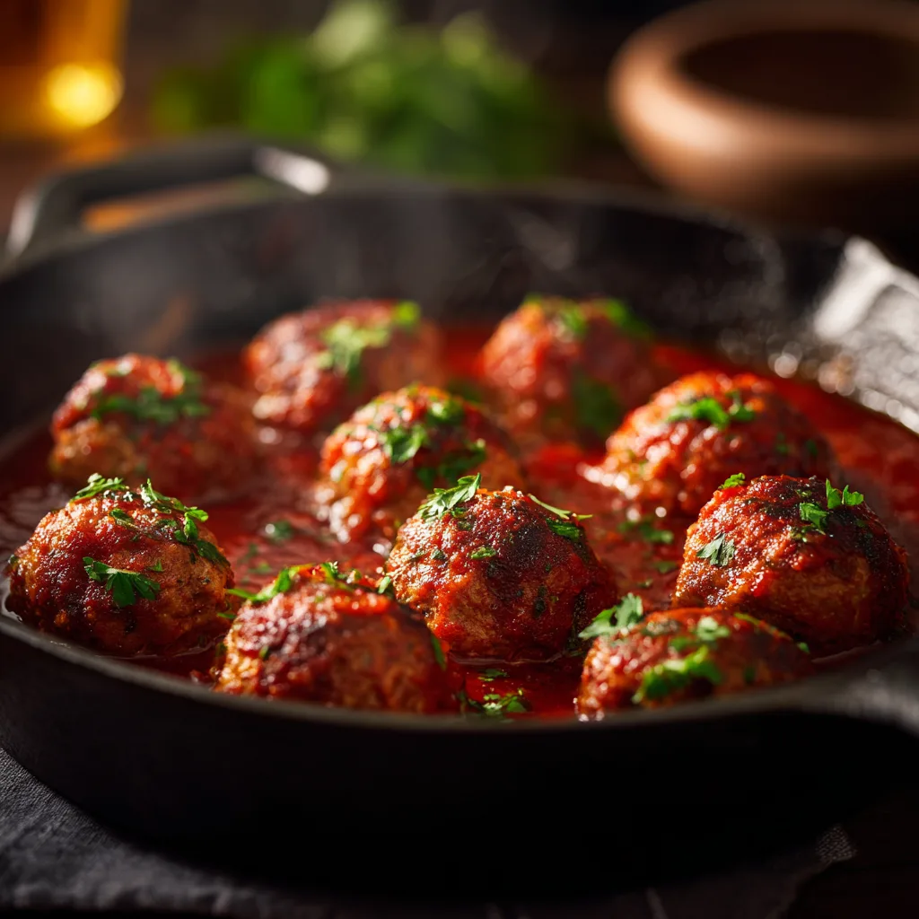 High-Protein Turkey Meatballs (4) Skillet of high-protein turkey meatballs in tomato sauce with parsley garnish, cozy dinner lighting.
