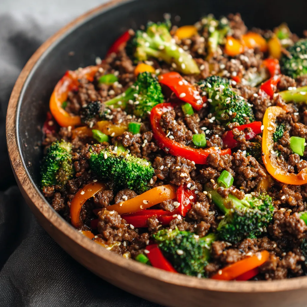 High Protein Ground Beef Stir Fry Recipe High-protein ground beef stir fry with cabbage and green onions on a white plate, healthy low-carb dinner recipe.