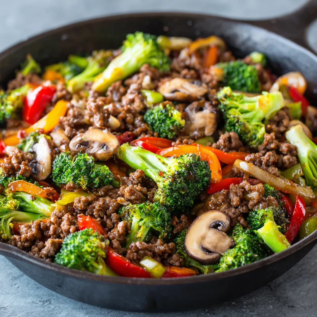 High Protein Ground Beef Stir Fry High-protein ground beef stir fry with broccoli, mushrooms, and bell peppers in a skillet — healthy low-carb dinner recipe.