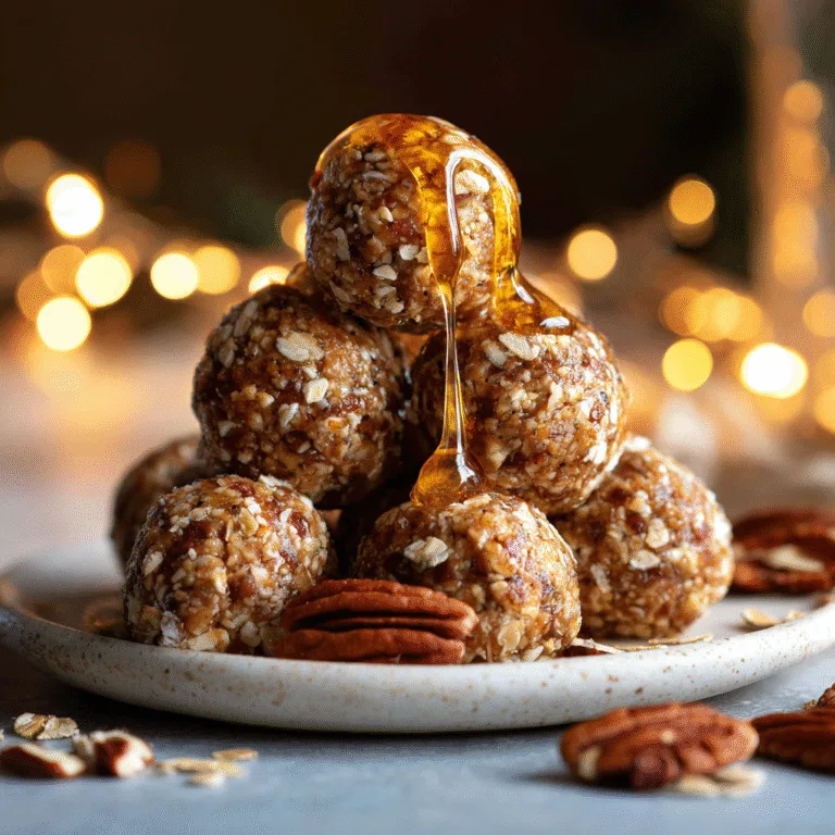 Maple pecan energy bites stacked on a white plate with maple syrup drizzle and pecans, soft natural lighting