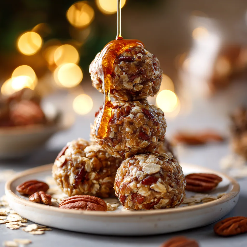 Maple pecan energy bites stacked on a white plate with maple syrup drizzle and pecans, soft natural lighting.
