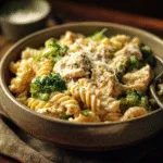 Bowl of creamy chicken and broccoli pasta topped with parmesan cheese, cozy family dinner lighting.