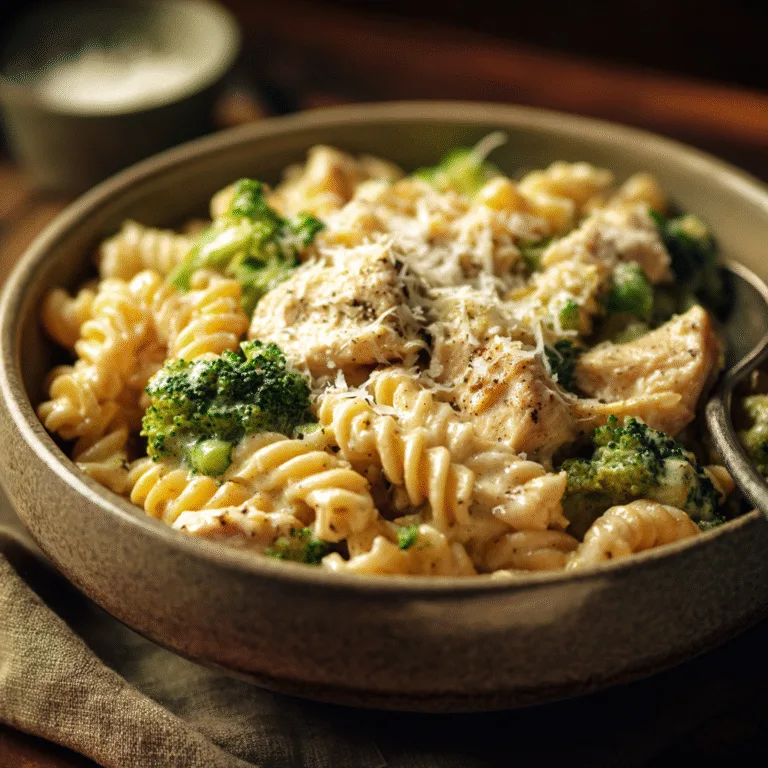 Bowl of creamy chicken and broccoli pasta topped with parmesan cheese, cozy family dinner lighting.