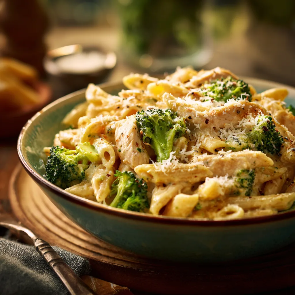 One-Pot Creamy Chicken Bowl of creamy chicken and broccoli pasta topped with parmesan cheese, cozy family dinner lighting.