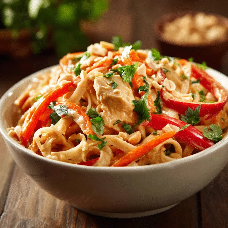 Creamy peanut chicken noodle bowl with veggies in a white ceramic dish under warm kitchen light.