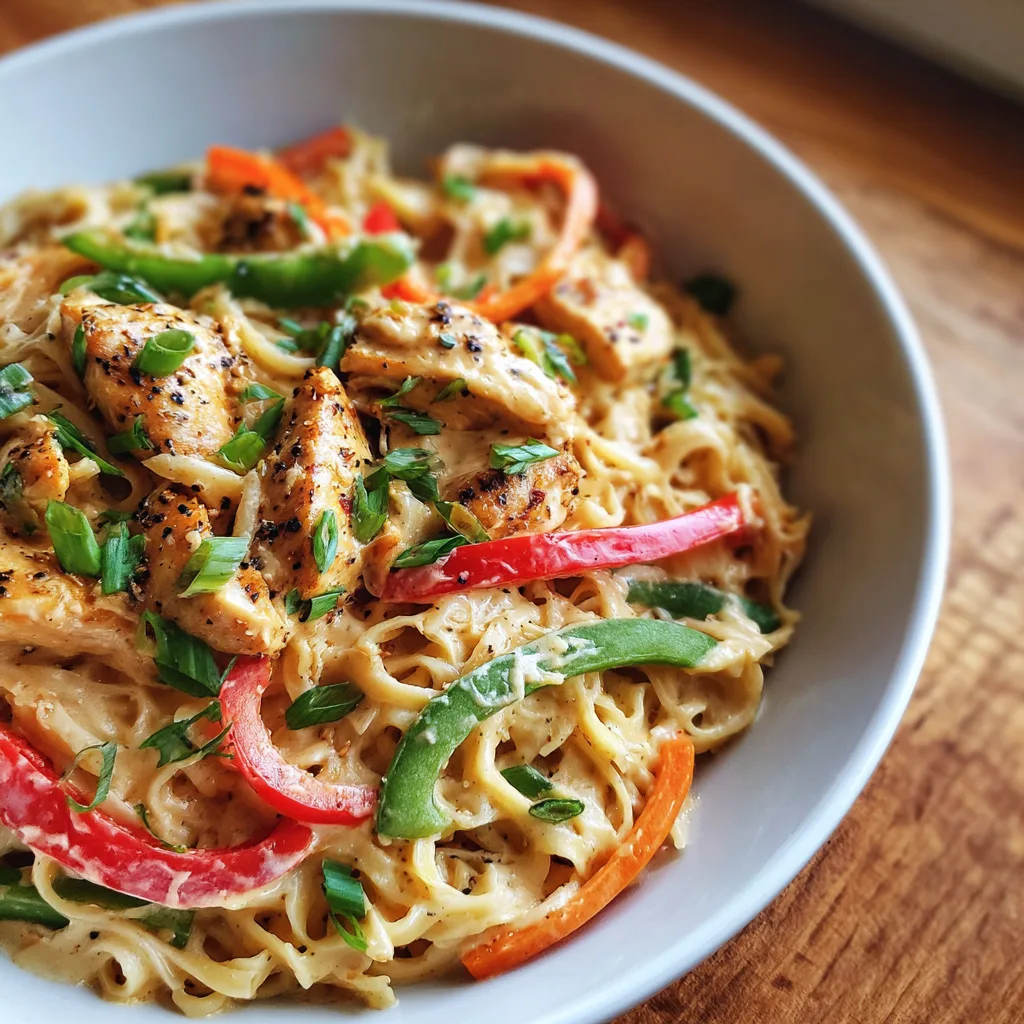 Creamy peanut chicken noodle bowl with veggies in a white ceramic dish under warm kitchen light.