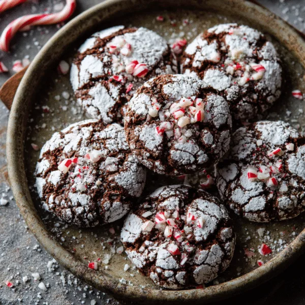 Chocolate crinkle cookies coated in powdered sugar with peppermint crumbs on a tray.