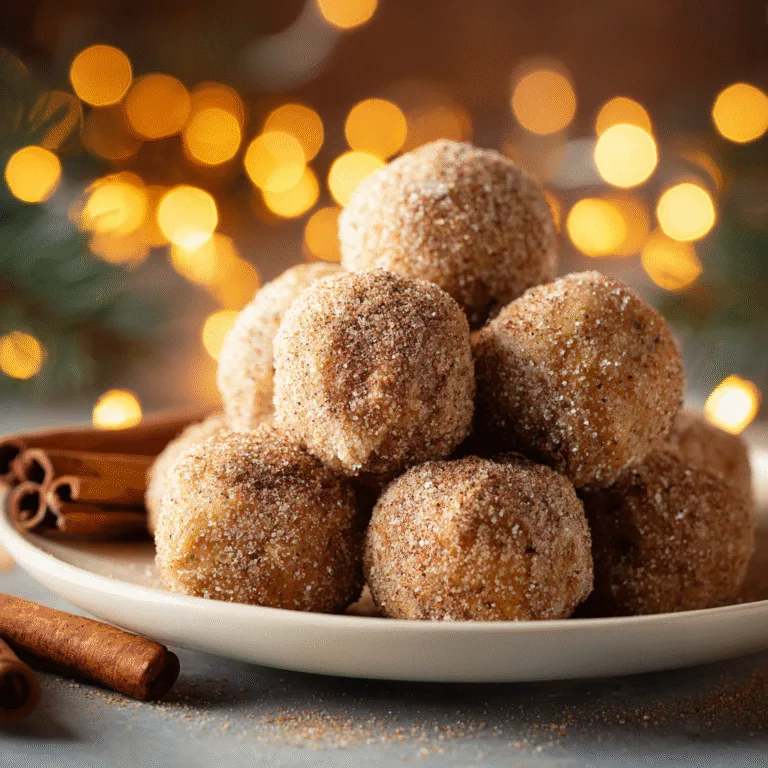 Protein gingerbread bites dusted with cinnamon and arranged on a white plate with festive holiday decor.