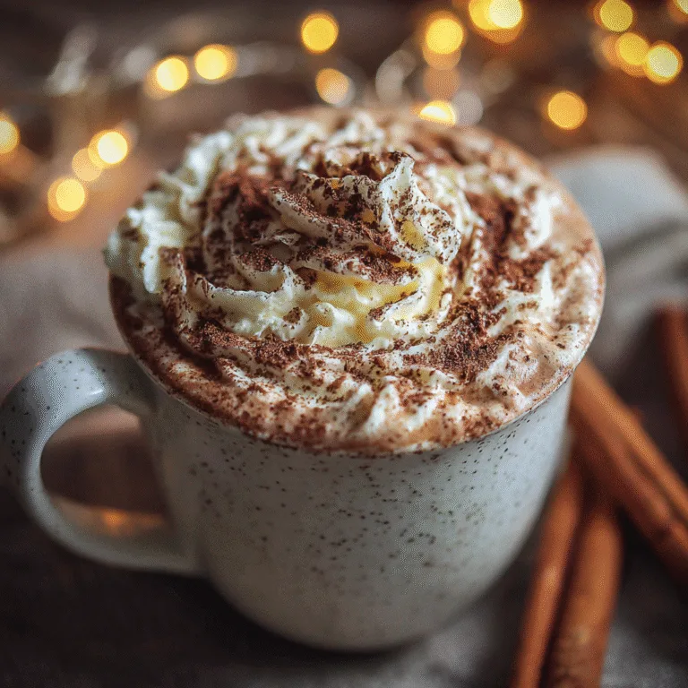 Mug of creamy protein hot chocolate topped with whipped cream and chocolate shavings, warm cozy lighting